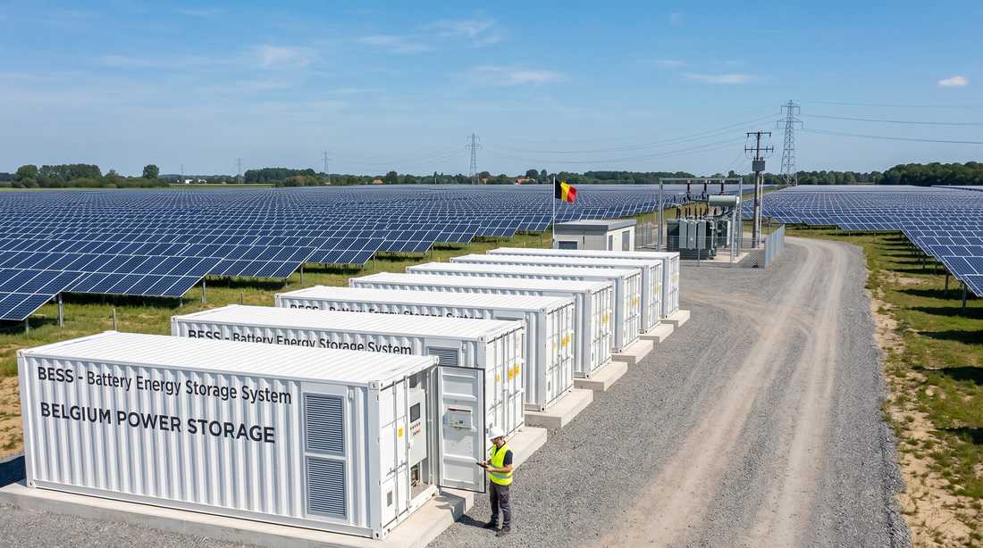 Row of BESS storage containers connected to a solar plant in Belgium