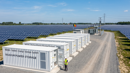 Row of BESS storage containers connected to a solar plant in Belgium