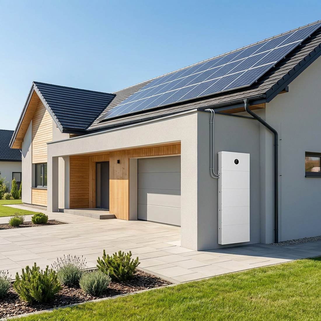 Home with solar panels and a KSTAR BlueSpark storage battery mounted on the facade